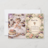 Photo Neutral Fig Floral 1st Birthday サンキューカード (正面)