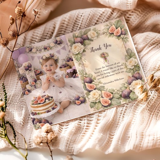 Photo Neutral Fig Floral 1st Birthday サンキューカード