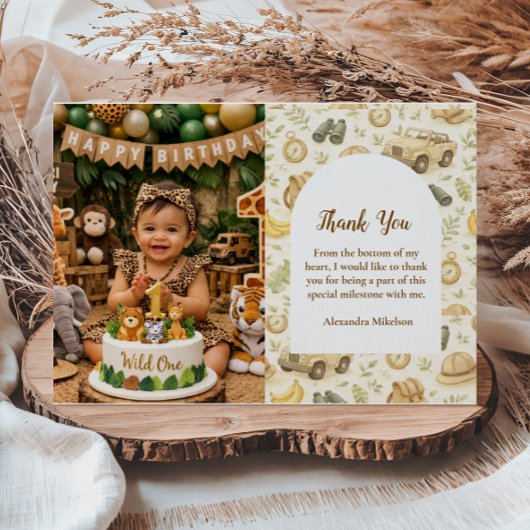 Photo Neutral Safari Animals Wild One First Birthd サンキューカード