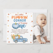 Photo Orange Blue Little Pumpkin 1st Birthday 招待状 (正面)