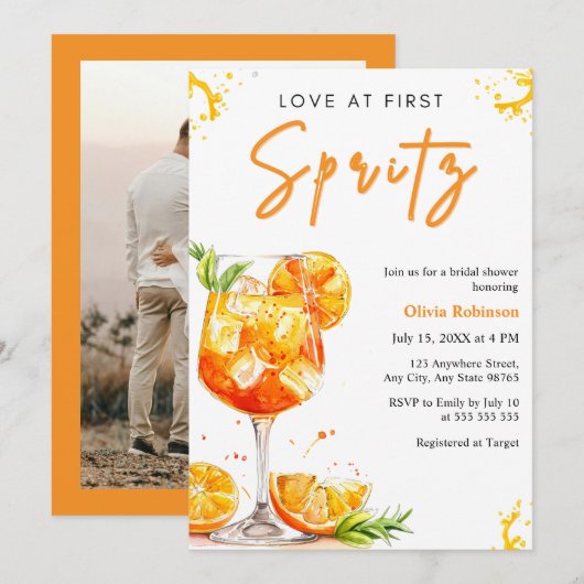 Photo Orange Love at First Spritz Bridal Shower 招待状 (正面/裏面)