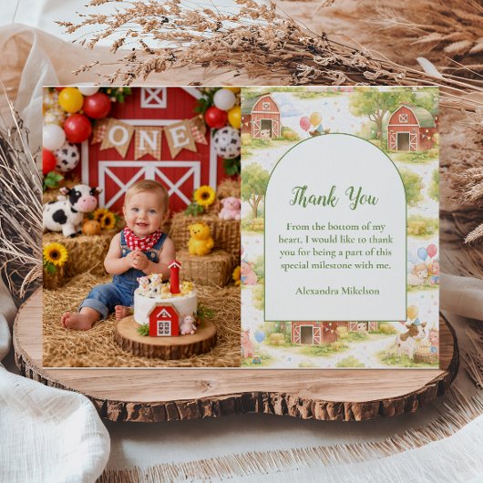 Photo Pastel Farm Animals Barnyard 1st Birthday サンキューカード