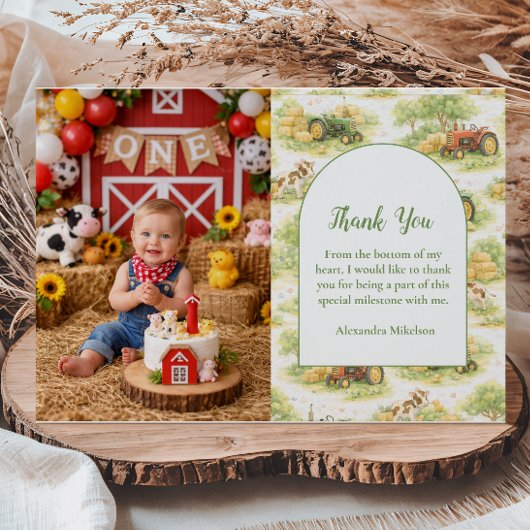 Photo Pastel Farm Tractor Barnyard 1st Birthday サンキューカード