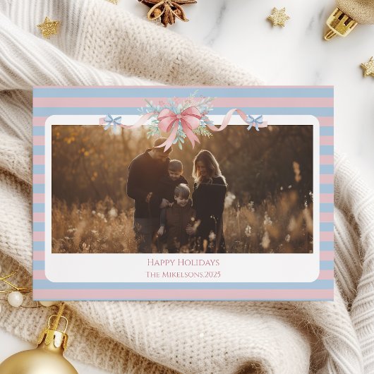 Photo Pastel Ribbon Pine Family Christmas シーズンカード