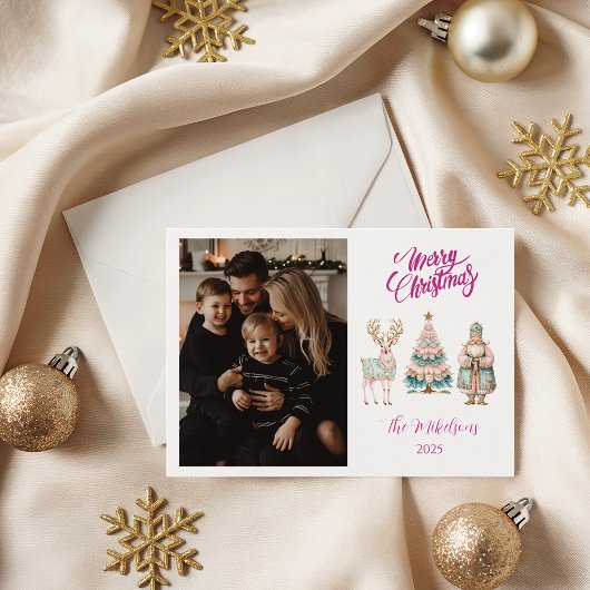 Photo Pastel Santa and Reindeer Christmas シーズンカード