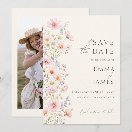 Photo Pastel Wildflowers Wedding Save the Date  招待状 (正面/裏面)