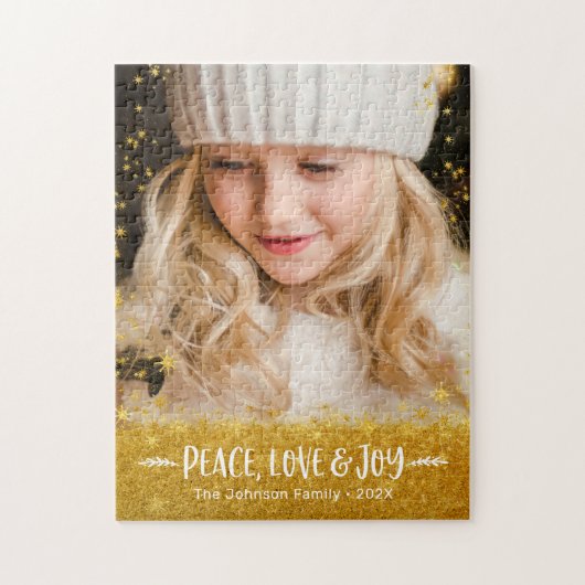 Photo Peace Love Joy Typography Gold Stars Glitter ジグソーパズル (縦)