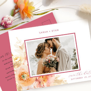 Photo Peach Blush, Burgundy Wedding Save the Date 案内ポストカード