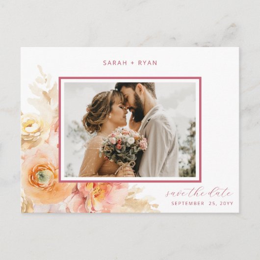 Photo Peach Blush, Burgundy Wedding Save the Date 案内ポストカード (正面)
