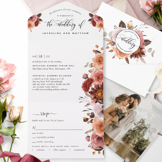 Photo Peach, Burgundy赤面結婚のTear Off RSVP オールインワン招待状