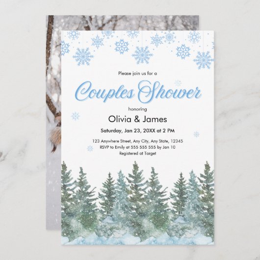 Photo Pine Winter Snowflakes Couples Bridal Shower 招待状 (正面/裏面)