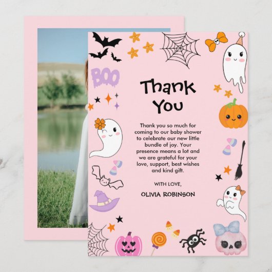 Photo Pink A Little Boo Cute Halloween Baby Shower サンキューカード (正面/裏面)