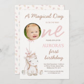 Photo Pink Balloon Girls Unicorn First Birthday 招待状 (正面/裏面)