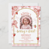 Photo Pink Bow Strawberry Berry Sweet 1st Birthday 招待状 (正面)