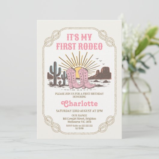 Photo Pink Cowgirl Its My First Rodeo 1st Birthday 招待状 (スタンド正面)