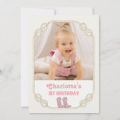 Photo Pink Cowgirl Its My First Rodeo 1st Birthday 招待状 (裏面)