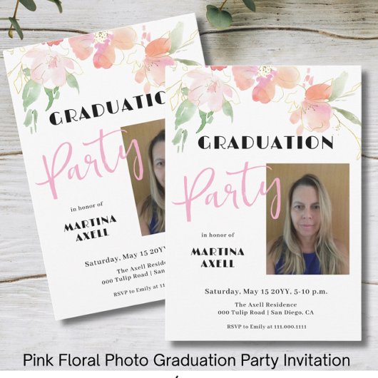 Photo Pink Floral Graduation Party Invitation 招待状