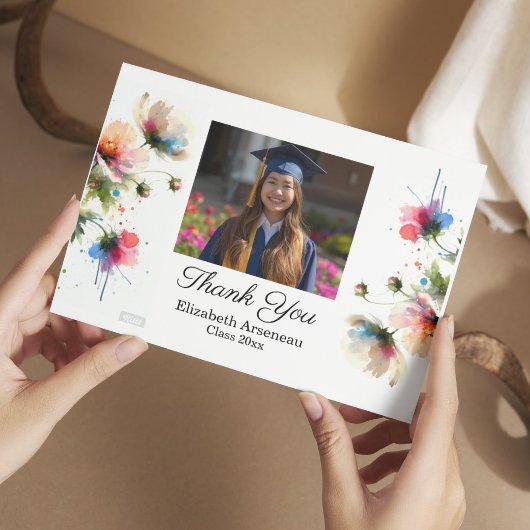 Photo Pink Floral Graduation Personalize サンキューカード