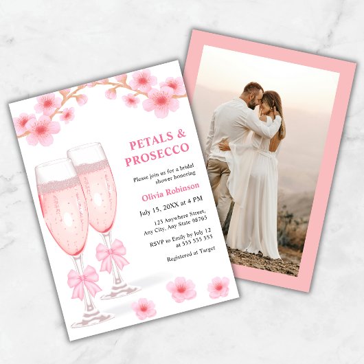 Photo Pink Floral Petals & Prosecco Bridal Shower 招待状