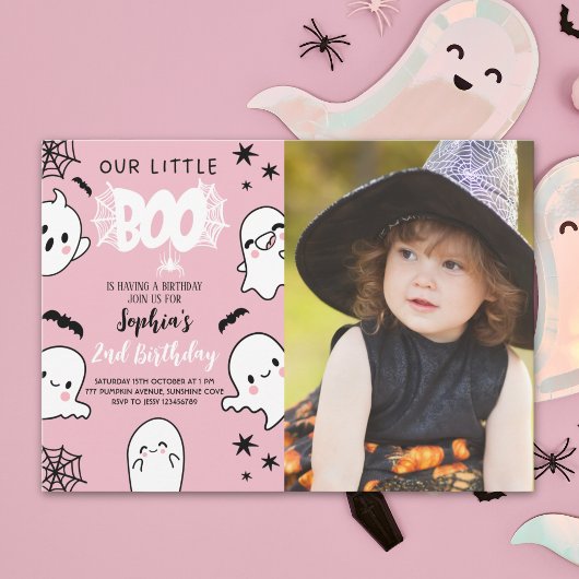 Photo Pink Halloween Birthday – Our Little Boo 招待状