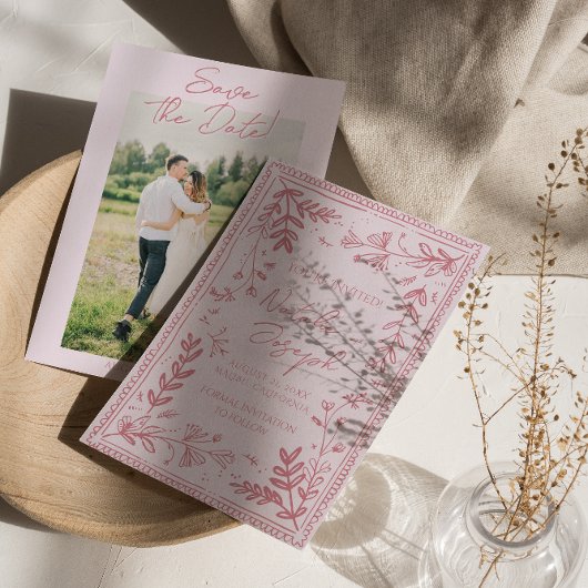Photo Pink Hand Drawn Floral Garden Save The Date セーブザデート