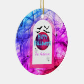Photo Pink Purple Modern Bats Moon Happy Halloween セラミックオーナメント (右)
