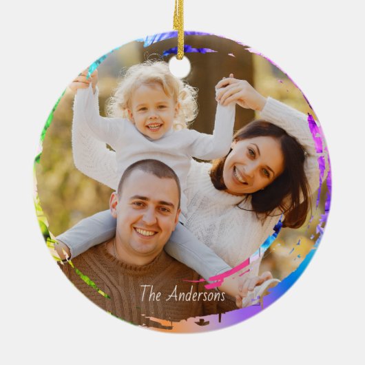 Photo Pink Purple Modern Bats Moon Happy Halloween セラミックオーナメント (裏面)