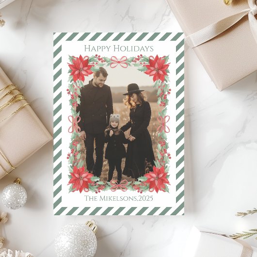 Photo Poinsettia Botanical Stripe Christmas シーズンカード