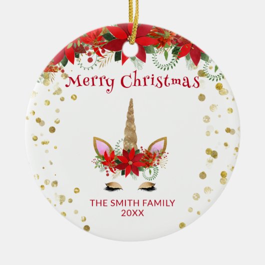 Photo Poinsettia Unicorn with Red Christmas セラミックオーナメント (正面)