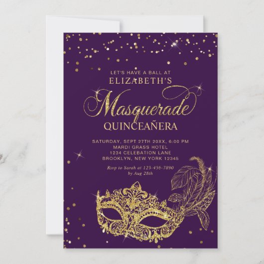 Photo Purple Gold Glitter Masquerade Quinceañera 招待状 (正面)