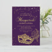 Photo Purple Gold Glitter Masquerade Quinceañera 招待状 (スタンド正面)