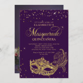 Photo Purple Gold Glitter Masquerade Quinceañera 招待状 (正面/裏面)