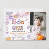 Photo Purple Little Boo Halloween 1st Birthday 招待状 (正面)