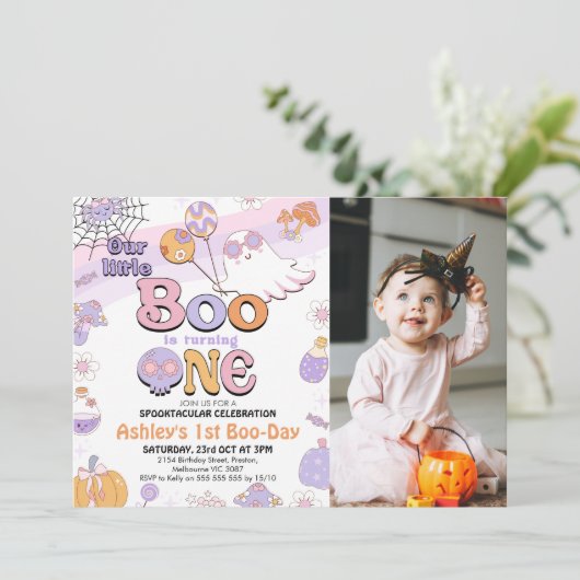 Photo Purple Little Boo Halloween 1st Birthday 招待状 (スタンド正面)