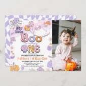 Photo Purple Little Boo Halloween 1st Birthday 招待状 (正面/裏面)
