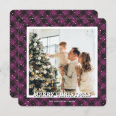 Photo Purple Plaid Snow Merry Christmas Card シーズンカード (正面/裏面)