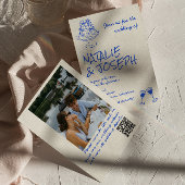 Photo QR Code Hand Drawn Blue Cake Bows Wedding  招待状