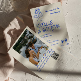 Photo QR Code Hand Drawn Blue Cake Bows Wedding  招待状
