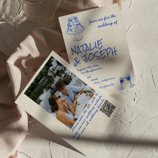 Photo QR Code Hand Drawn Blue Cake Bows Wedding  招待状