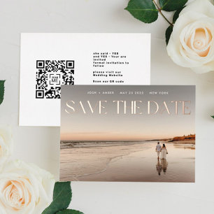 Photo QR code Rose Gold Foil Save The Date Card 箔招待状