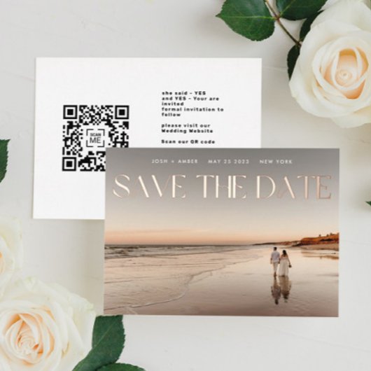 Photo QR code Rose Gold Foil Save The Date Card 箔招待状