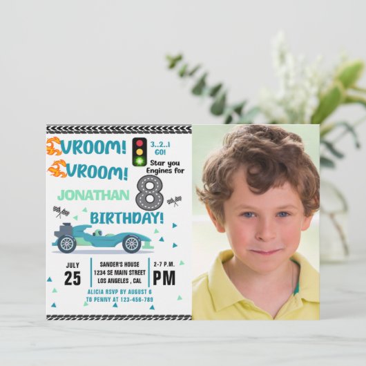 Photo Race Car • 8th Birthday Boy 招待状 (スタンド正面)