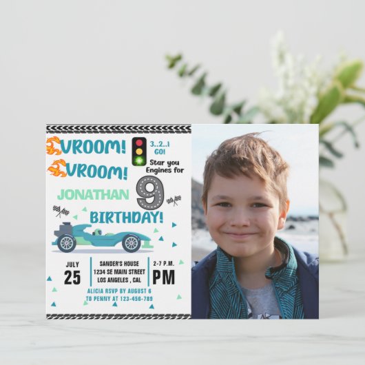 Photo Race Car • 9th Birthday Boy 招待状 (スタンド正面)