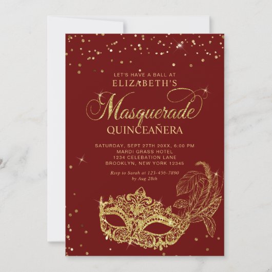Photo Red Gold Glitter Masquerade Quinceañera 招待状 (正面)