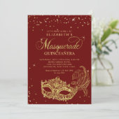 Photo Red Gold Glitter Masquerade Quinceañera 招待状 (スタンド正面)