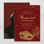 Photo Red Gold Glitter Masquerade Quinceañera 招待状 (正面/裏面)