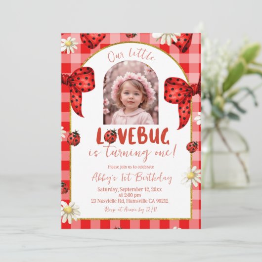 Photo Red Plaid Bow Coquette Lovebug Birthday 招待状 (スタンド正面)