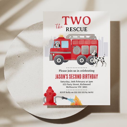 Photo Red Two The Rescue Fire Engine 2nd Birthday 招待状