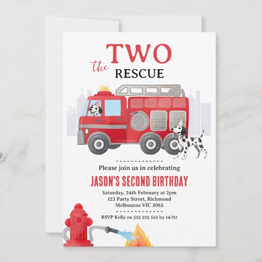Photo Red Two The Rescue Fire Engine 2nd Birthday 招待状 (正面)