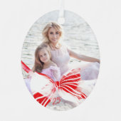 Photo Red White Plaid Bow Keepsake Date Christmas メタルオーナメント (正面)